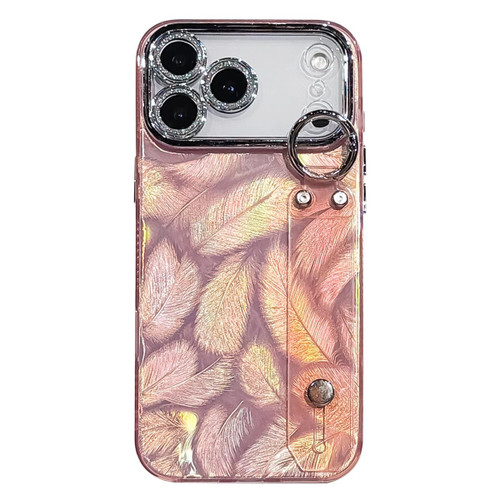 iPhone 17 Pro Max Plating Feather Texture Wristband Holder TPU Phone Case with Lens Film - Pink