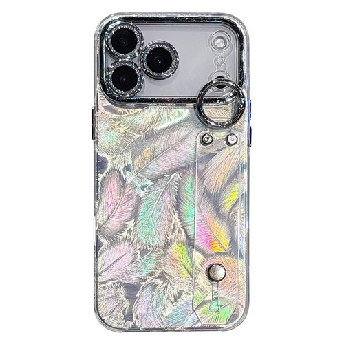 iPhone 17 Pro Max Plating Feather Texture Wristband Holder TPU Phone Case with Lens Film - Silver