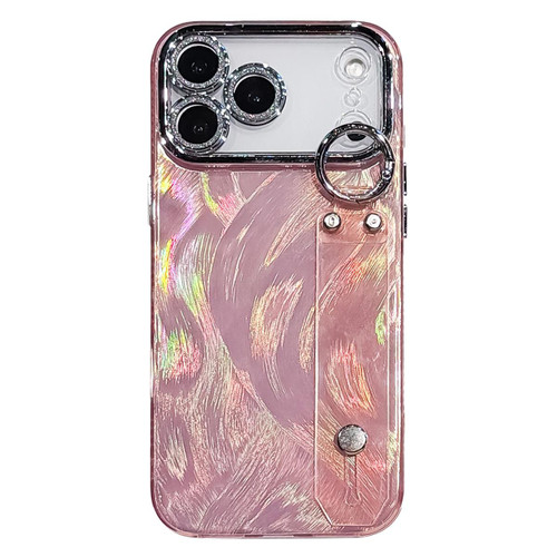 iPhone 17 Pro Max Plating Feather-Gauze Texture Wristband Holder TPU Phone Case with Lens Film - Pink