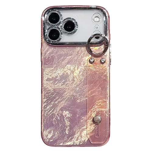 iPhone 17 Pro Max Plating Foil-like Metallic Texture Wristband Holder TPU Phone Case with Lens Film - Pink