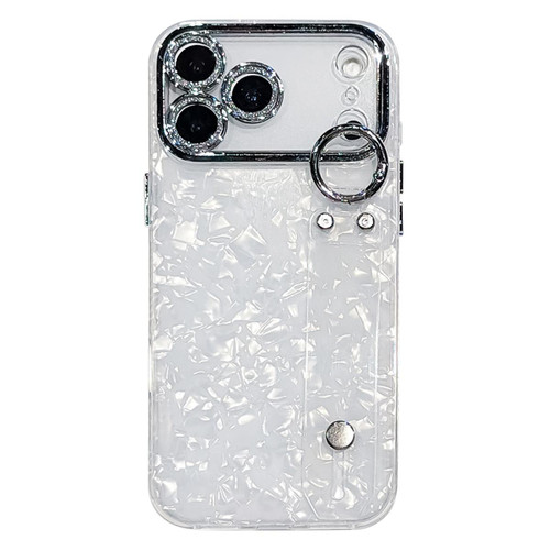iPhone 17 Pro Max Plating Shell Texture Wristband Holder TPU Phone Case with Lens Film - White