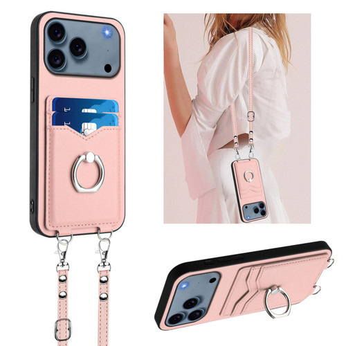 iPhone 17 Pro Max R20 Crossbody Rope Ring Card Holder Phone Case - Pink