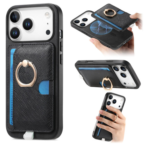 iPhone 17 Pro Max Retro Cross Leather Ring Side Insert Card Bag MagSafe Phone Case - Black
