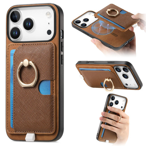 iPhone 17 Pro Max Retro Cross Leather Ring Side Insert Card Bag MagSafe Phone Case - Brown