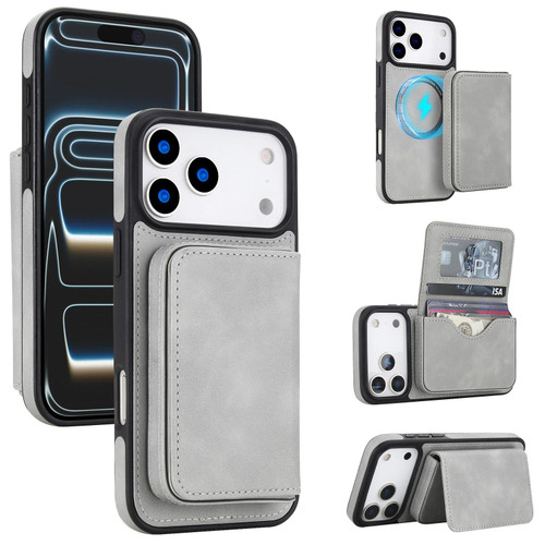 iPhone 17 Pro Max Retro Faux Leather Detachable Magnetic Wallet Bag RFID Blocking Phone Case - Gray