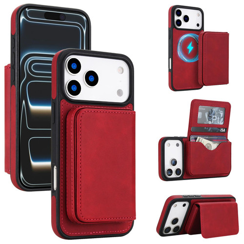 iPhone 17 Pro Max Retro Faux Leather Detachable Magnetic Wallet Bag RFID Blocking Phone Case - Red