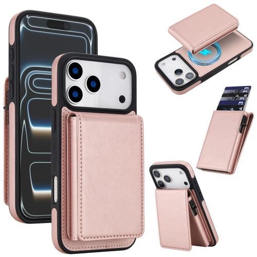 iPhone 17 Pro Max Retro Faux Leather Detachable Spring Loaded Card Bag Magnetic RFID Phone Case - Rose Gold