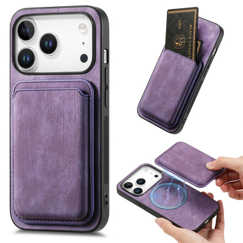 iPhone 17 Pro Max Retro Leather Card Bag Magnetic Phone Case - Purple