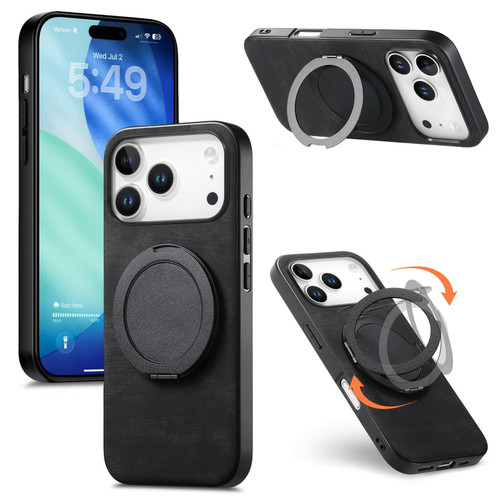 iPhone 17 Pro Max Retro Leather Rotation Round Holder Phone Case - Black