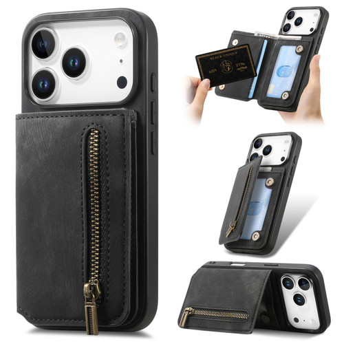 iPhone 17 Pro Max Retro Leather Zipper Wallet Back Phone Case - Black