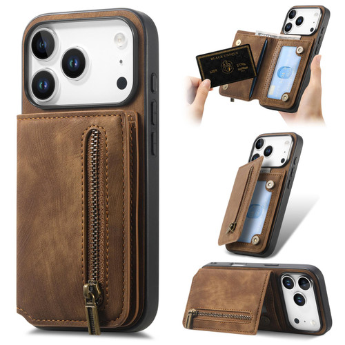 iPhone 17 Pro Max Retro Leather Zipper Wallet Back Phone Case - Brown
