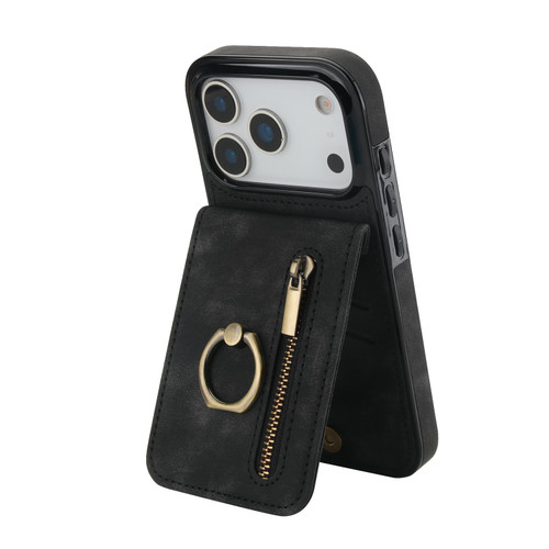 iPhone 17 Pro Max Retro Ring and Zipper RFID Card Slot Phone Case - Black
