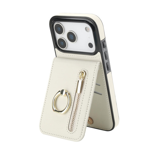 iPhone 17 Pro Max Retro Ring and Zipper RFID Card Slot Phone Case - White