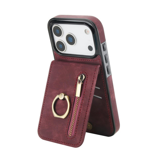 iPhone 17 Pro Max Retro Ring and Zipper RFID Card Slot Phone Case - Wine Red