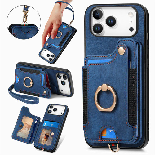iPhone 17 Pro Max Retro Skin-feel Ring Multi-card Wallet Phone Case - Blue
