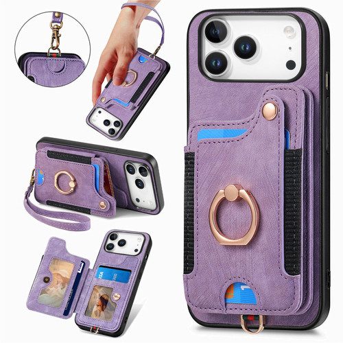 iPhone 17 Pro Max Retro Skin-feel Ring Multi-card Wallet Phone Case - Purple