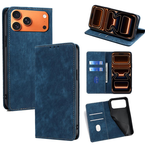 iPhone 17 Pro Max RFID Anti-theft Brush Magnetic Leather Phone Case - Blue