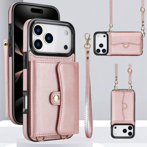 iPhone 17 Pro Max RFID Card Slot Phone Case with Long Lanyard - Rose Gold