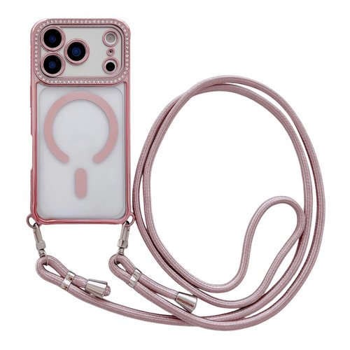iPhone 17 Pro Max Rhinestone Clear Acrylic Electroplated Magnetic Phone Case with Neck Lanyard - Pink