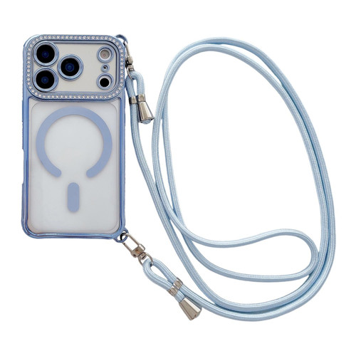 iPhone 17 Pro Max Rhinestone Clear Acrylic Electroplated Magnetic Phone Case with Right-Side Crossbody Lanyard - Blue