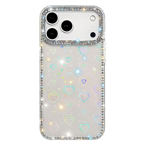 iPhone 17 Pro Max Rhinestone Dual-side IMD PC Hybrid TPU Phone Case - Heart Transparent