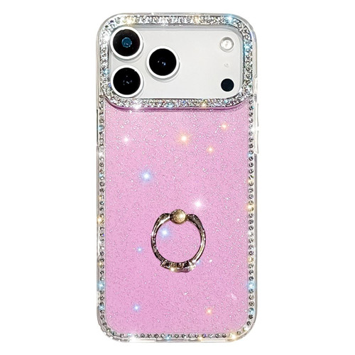 iPhone 17 Pro Max Rhinestone Ring Holder Dual-side IMD PC Hybrid TPU Phone Case - Glitter Light Purple