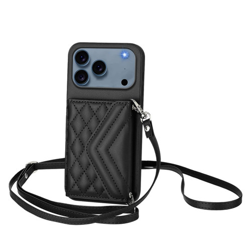 iPhone 17 Pro Max Rhombic Texture Card Bag RFID Phone Case with Long Lanyard - Black