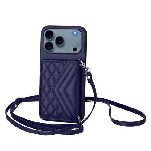 iPhone 17 Pro Max Rhombic Texture Card Bag RFID Phone Case with Long Lanyard - Blue