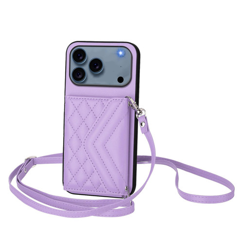 iPhone 17 Pro Max Rhombic Texture Card Bag RFID Phone Case with Long Lanyard - Light Purple