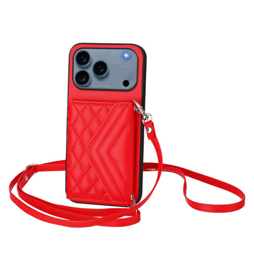iPhone 17 Pro Max Rhombic Texture Card Bag RFID Phone Case with Long Lanyard - Red