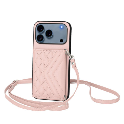 iPhone 17 Pro Max Rhombic Texture Card Bag RFID Phone Case with Long Lanyard - Rose Gold