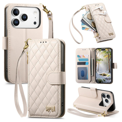 iPhone 17 Pro Max Rhombic Texture Zipper Wallet Metal Bow-knot Vegan Leather Phone Case with Strap - Beige