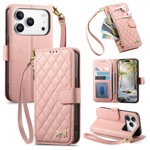iPhone 17 Pro Max Rhombic Texture Zipper Wallet Metal Bow-knot Vegan Leather Phone Case with Strap - Pink