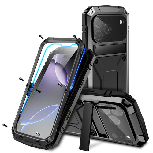 iPhone 17 Pro Max R-JUST Metal + Silicone + Tempered Glass Life Waterproof Phone Case with Holder - Black