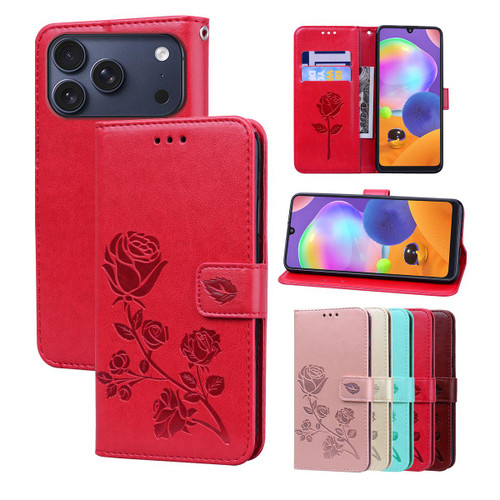 iPhone 17 Pro Max Rose Embossed Flip PU Leather Phone Case - Red