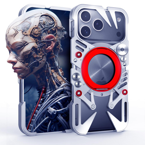 iPhone 17 Pro Max Rotating Bracket MagSafe Hollow Metal Phone Case with Lanyard - Silver