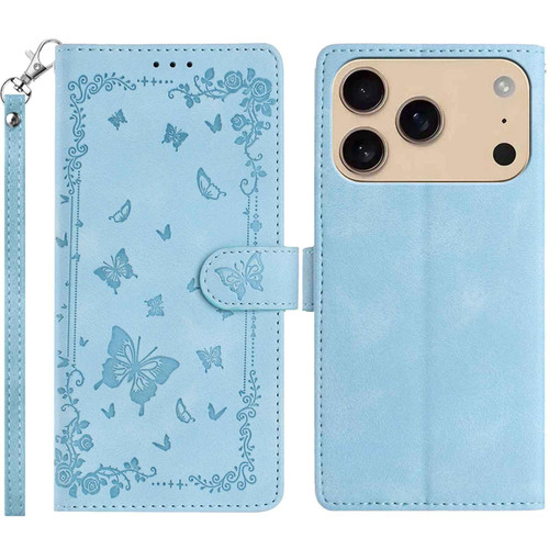 iPhone 17 Pro Max Secret Garden Butterfly Pattern Leather Phone Case - Blue