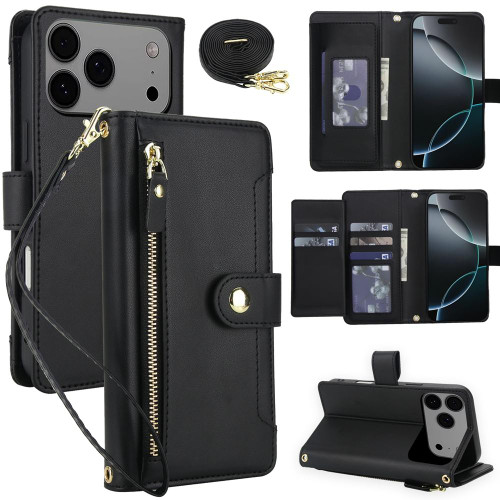 iPhone 17 Pro Max Seven Card Slots Zipper Wallet Leather Phone Case with Lanyard - Black