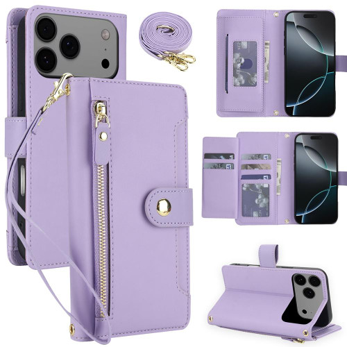 iPhone 17 Pro Max Seven Card Slots Zipper Wallet Leather Phone Case with Lanyard - Light Purple