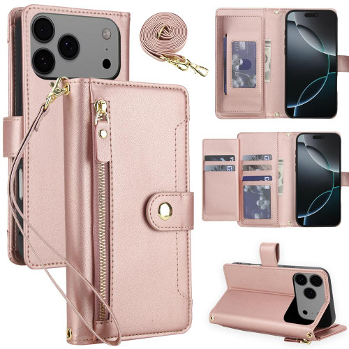 iPhone 17 Pro Max Seven Card Slots Zipper Wallet Leather Phone Case with Lanyard - Rose Gold
