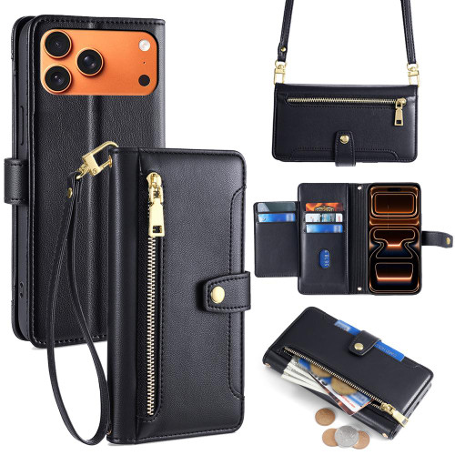 iPhone 17 Pro Max Sheep Texture Cross-body Zipper Wallet Leather Phone Case - Black