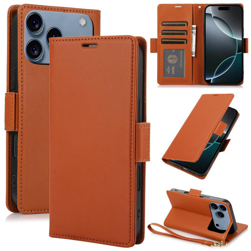 iPhone 17 Pro Max Side Buckle RFID Anti-theft Leather Phone Case - Brown