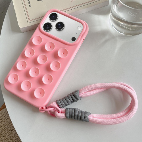 iPhone 17 Pro Max Simple Suction Cup Silicone Phone Case with Lanyard - Pink