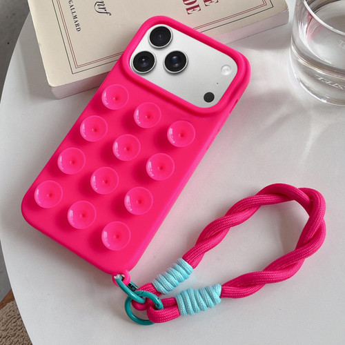 iPhone 17 Pro Max Simple Suction Cup Silicone Phone Case with Lanyard - Rose Red
