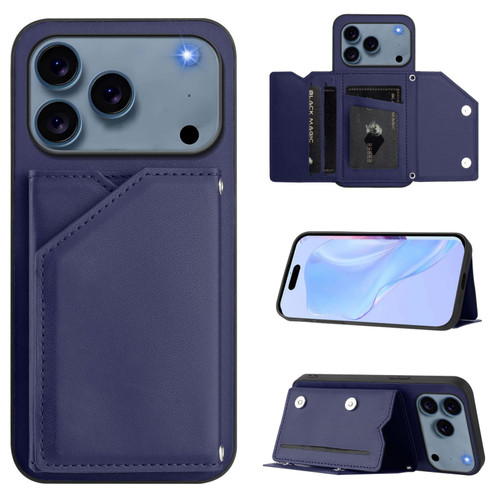 iPhone 17 Pro Max Skin Feel Four Card Slots Phone Case with Wrist Strap - Blue
