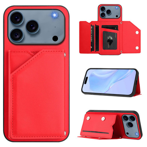 iPhone 17 Pro Max Skin Feel Four Card Slots Phone Case with Wrist Strap - Red