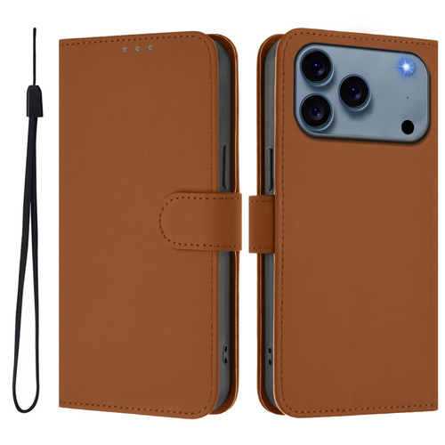 iPhone 17 Pro Max Skin Feel Solid Color Leather Phone Case with Lanyard - Brown