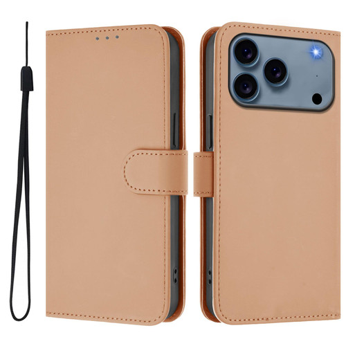 iPhone 17 Pro Max Skin Feel Solid Color Leather Phone Case with Lanyard - Nude