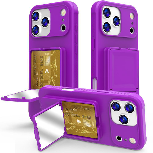 iPhone 17 Pro Max Skin Feel TPU Hidden Mirror Card Bag Phone Case with Stand - Dark Purple