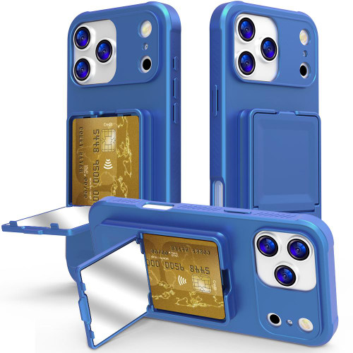 iPhone 17 Pro Max Skin Feel TPU Hidden Mirror Card Bag Phone Case with Stand - Navy Blue